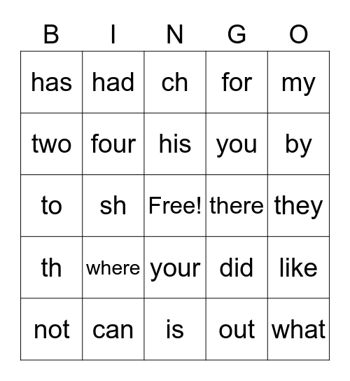 Heart Words Bingo Card