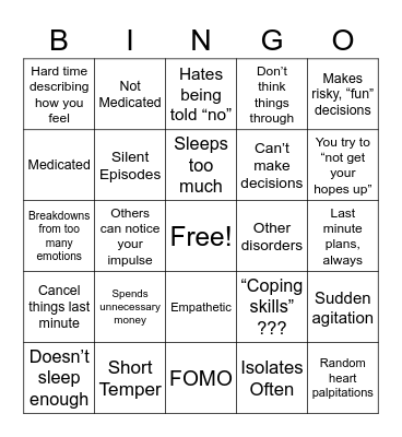 Bipolar Bingo Card