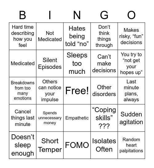 Bipolar Bingo Card