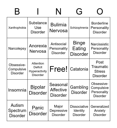 Psychiatric Disease Bingo! Bingo Card