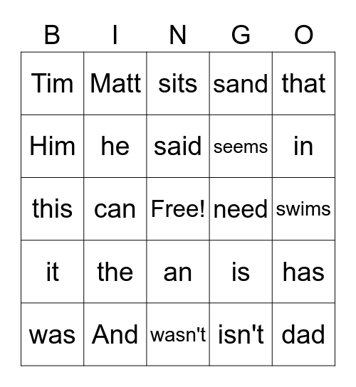 Kindergarten Bingo Card