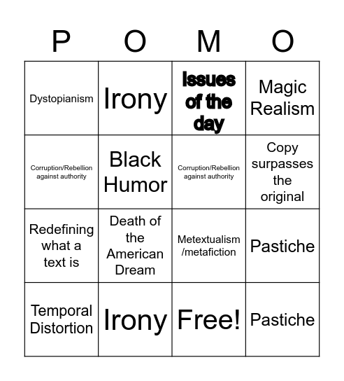 Postmodern (POMO) Bingo Card