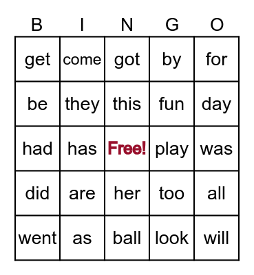 Sight Word B Bingo Card