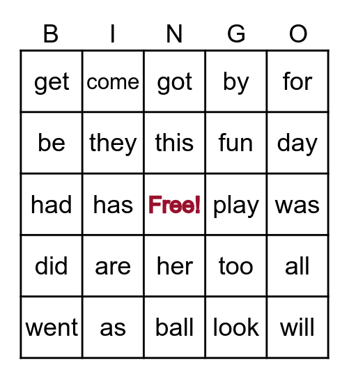 Sight Word B Bingo Card