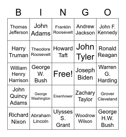 Presidents Bingo Card