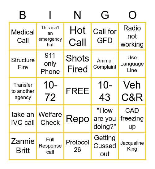 911 BINGO Card