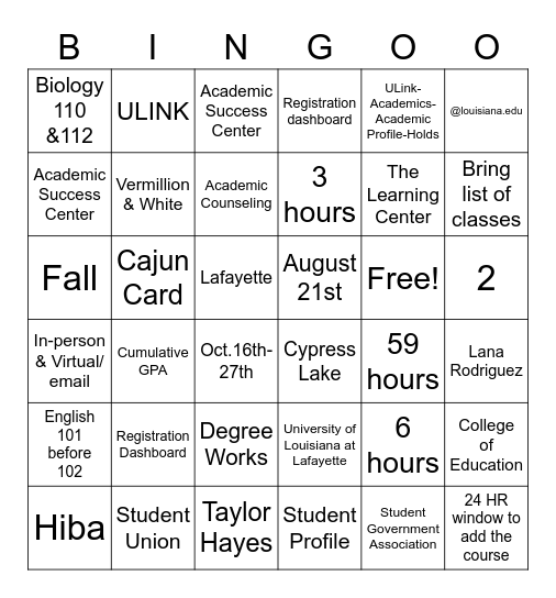 Advising Bingo Card