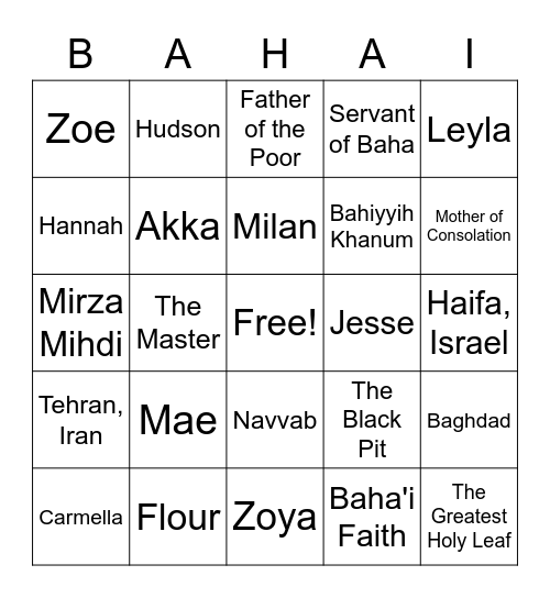 Baha'u'llah's Family Bingo Card