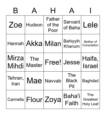 Baha'u'llah's Family Bingo Card