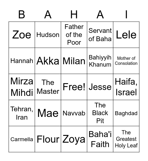 Baha'u'llah's Family Bingo Card