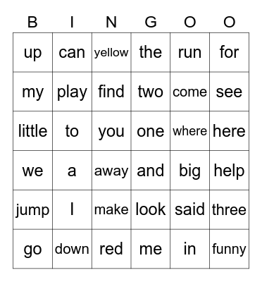Sight Words Bingo Card