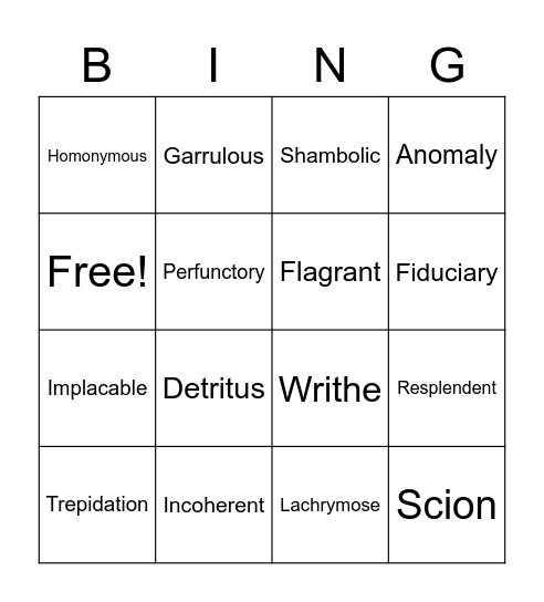 SAT Word Bingo Card