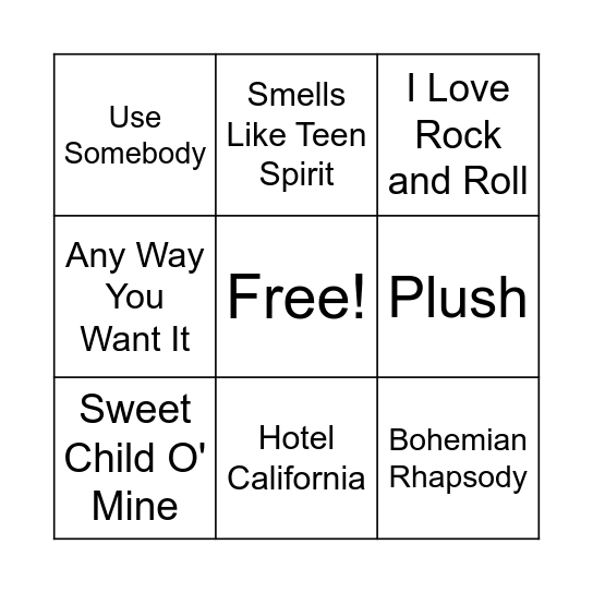 Rock n' Roll Bingo Card