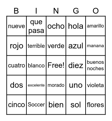 Espanol Bingo Card