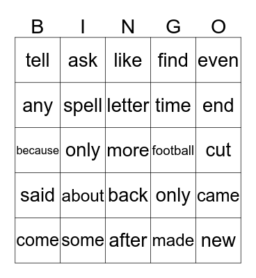 Sight Word Bingo Card