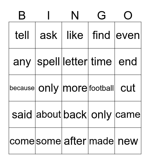 Sight Word Bingo Card