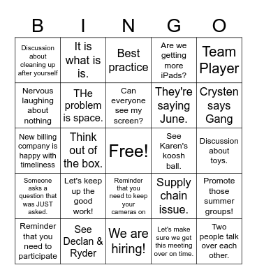Work Therapist Meeting Bingo Card
