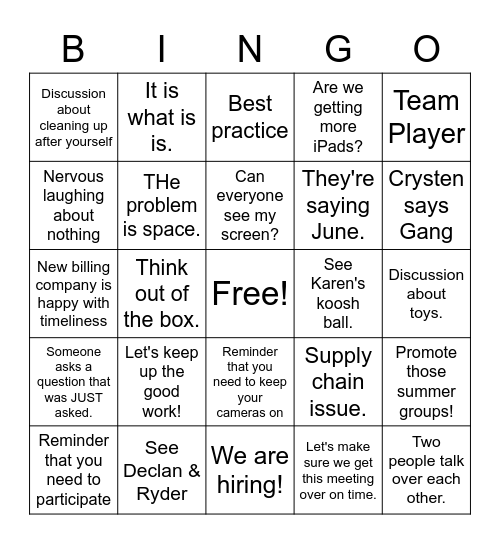 Work Therapist Meeting Bingo Card