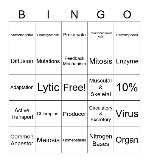 EOC Biology Bingo Card