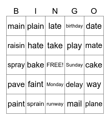 ai, ay, a_e bingo Card
