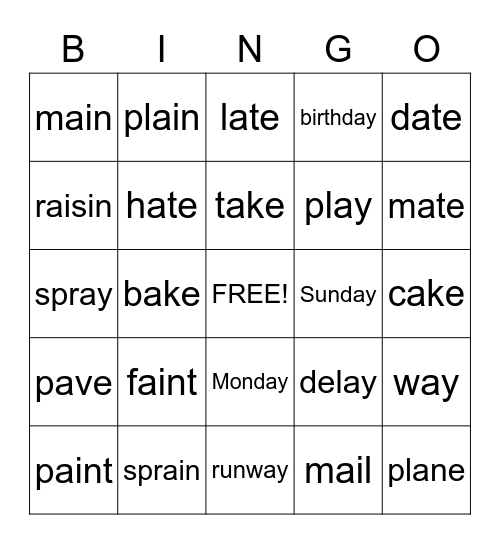 ai, ay, a_e bingo Card