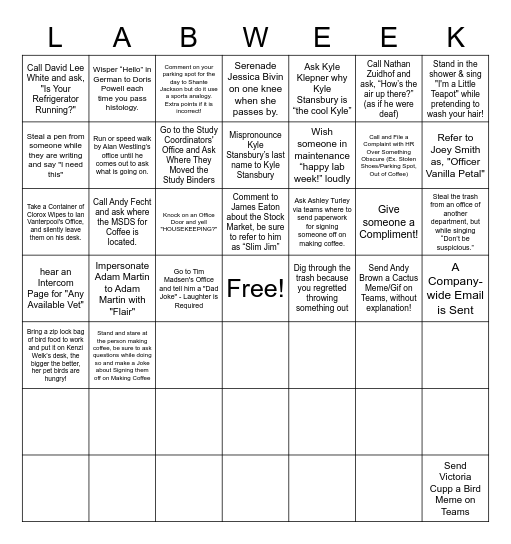 Lab Week Scavenger Hunt Bingo Card