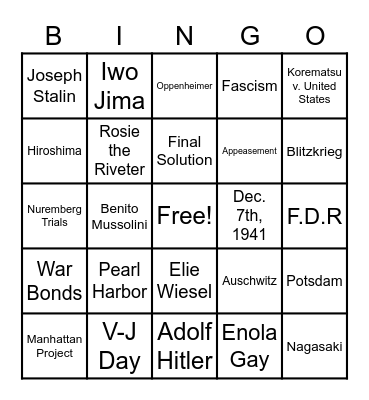 James Ogren WW2 Bingo Card