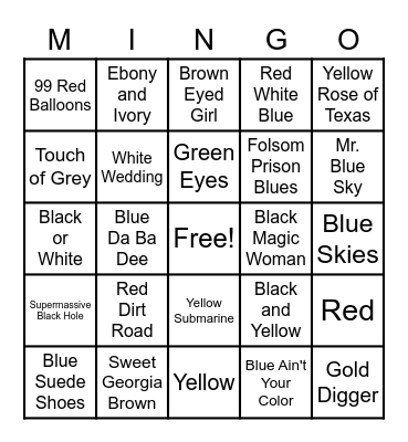 Colorful Songs Bingo Card
