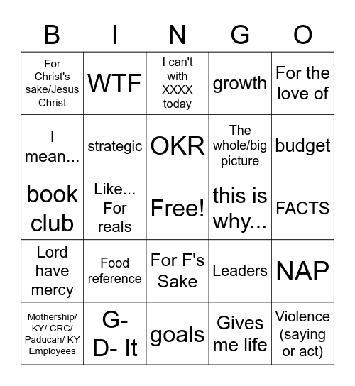 Sarahisms Bingo Card