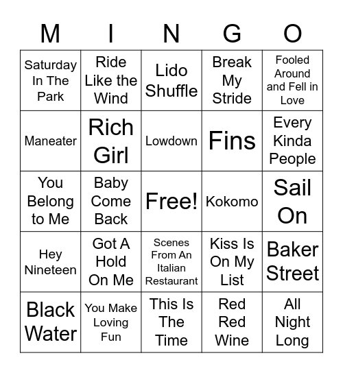 Yacht Rock 2 Bingo Card
