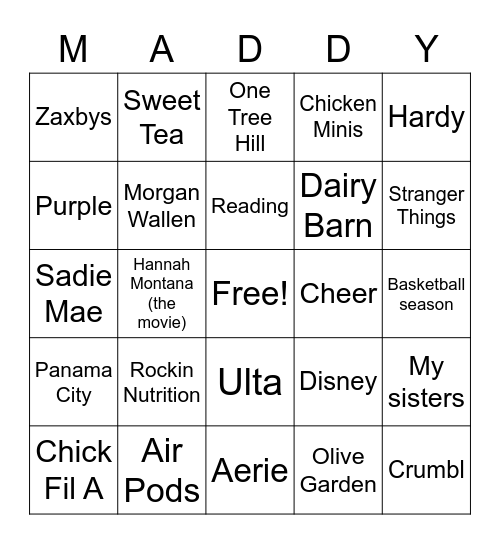 Maddy Turns 16 Bingo Card