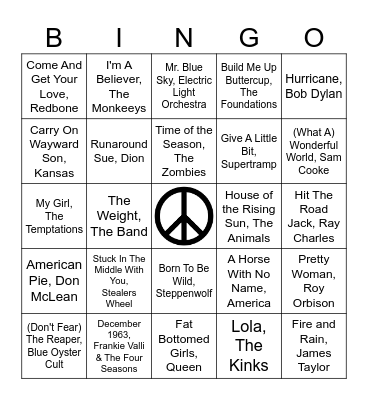 60s and 70s Bingo Card
