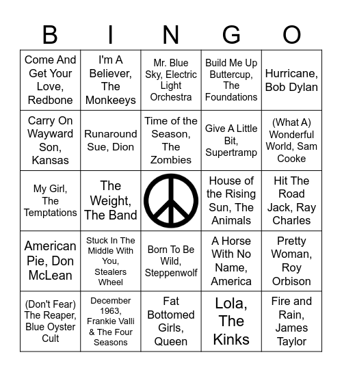 60s and 70s Bingo Card