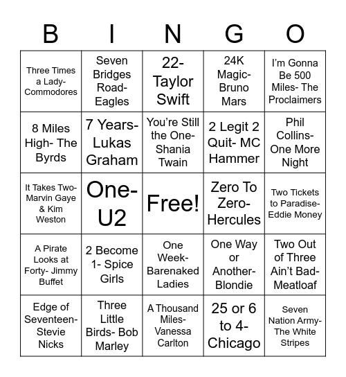 Songs With a Number in the Title Bingo Card