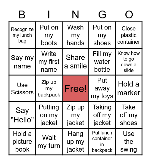 Kindergarten Challenge Bingo Card