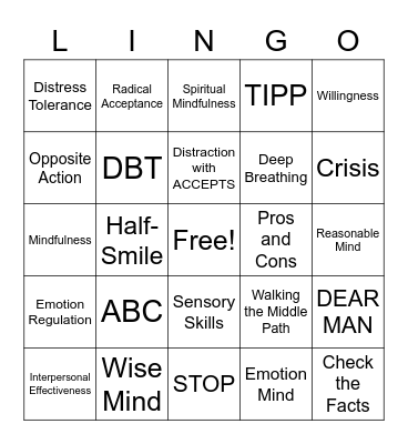 DBT "LINGO" Bingo Card