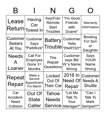 Paddock BINGO Card