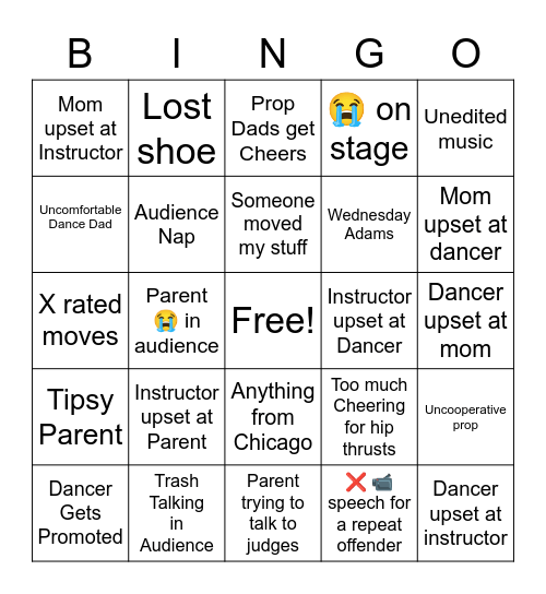 Dance Comp Bingo Card