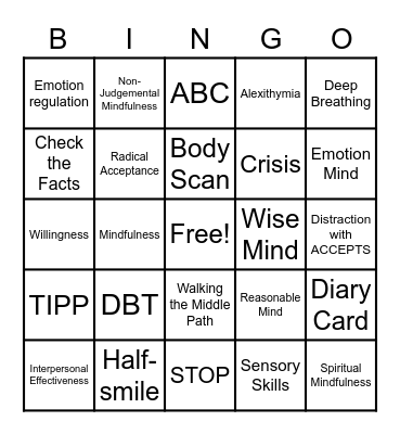 DBT Bingo Card