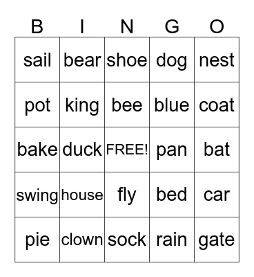 Rhyming Words Bingo Card