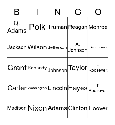 American Presidents Bingo Card