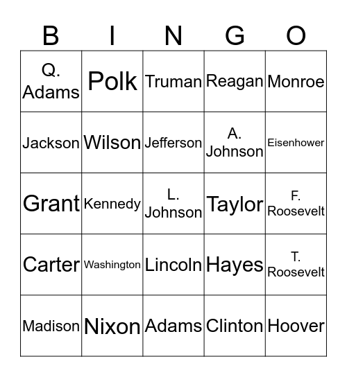 American Presidents Bingo Card