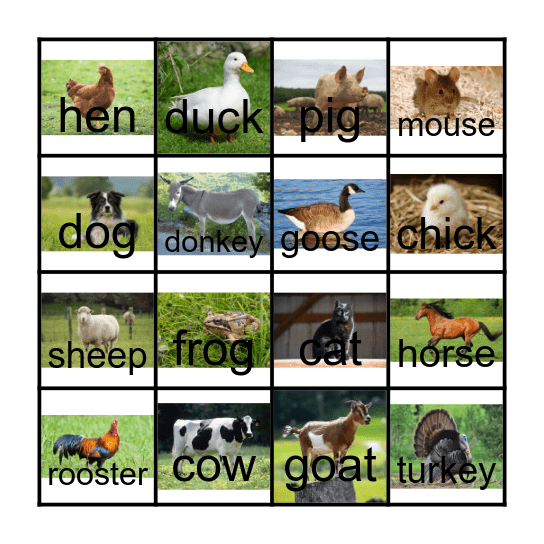 Farm Animal BINGO Card