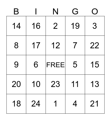 Number Bingo Card