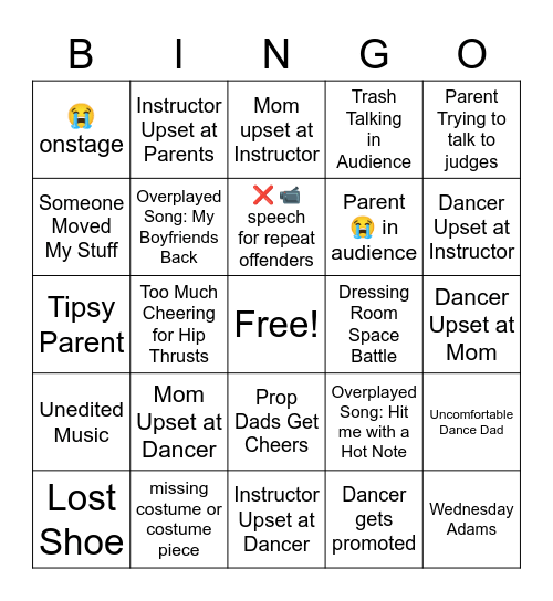 Dance Competition Bingo Card