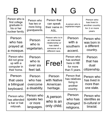 Diversity Bingo Card