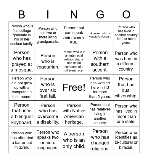 Diversity Bingo Card