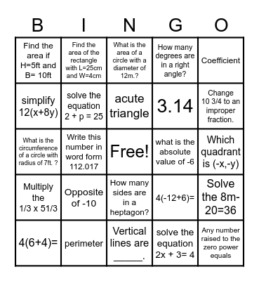 BINGO GMAS Prep- Math Fun Bingo Card