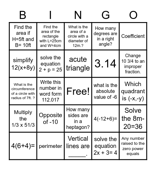 BINGO GMAS Prep- Math Fun Bingo Card