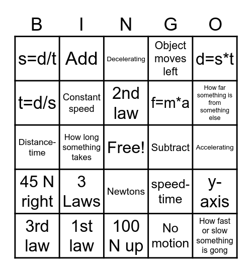 Forces and Motion Bingo Card